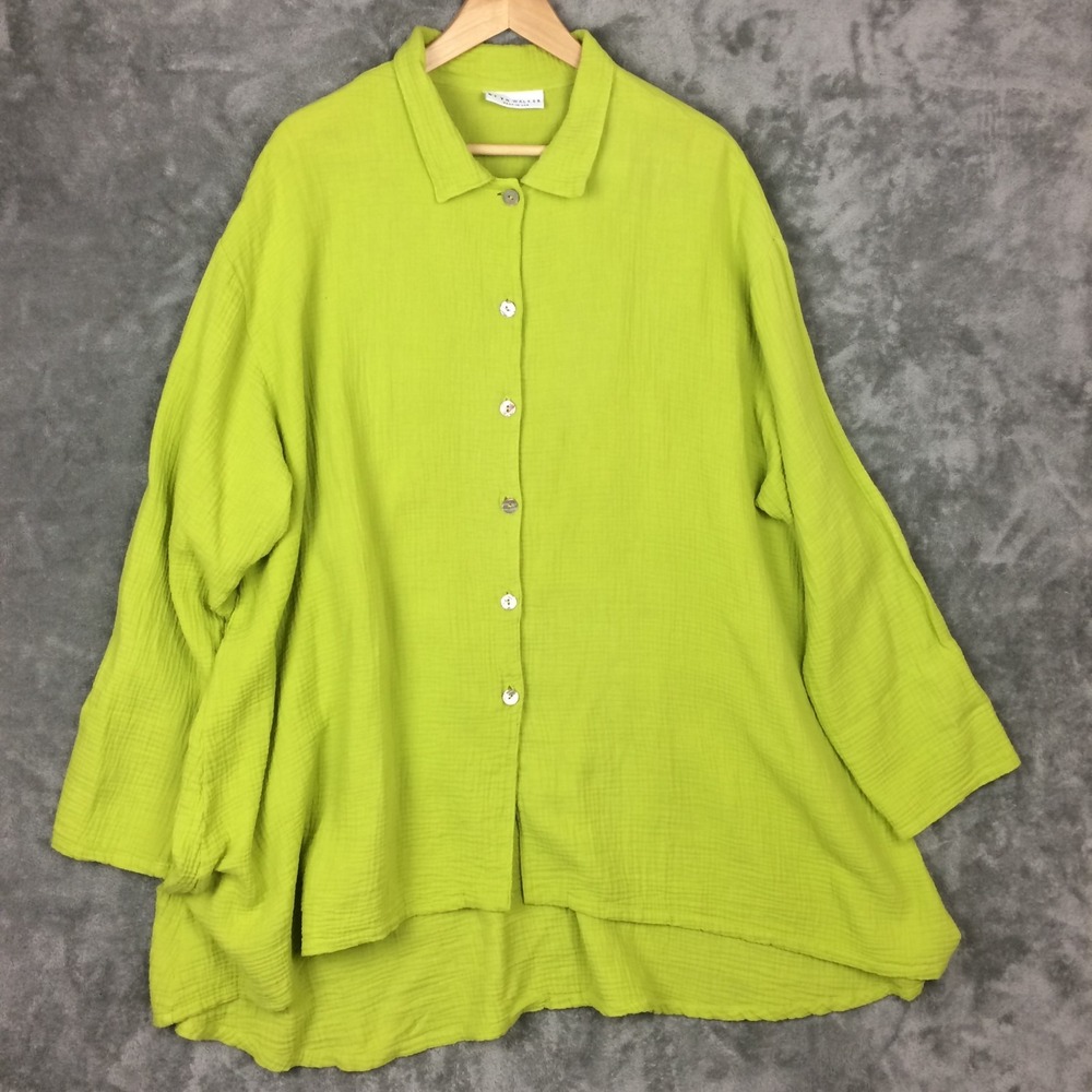 Bryn Walker Shirt Cotton Gauze Large Green Button Up Lagenlook Oversized Flowy‎